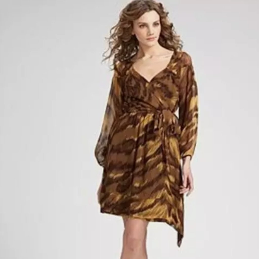 Diane Von Furstenberg Philomina Brown Tiger Silk Chiffon Wrap Mini Dress S $425